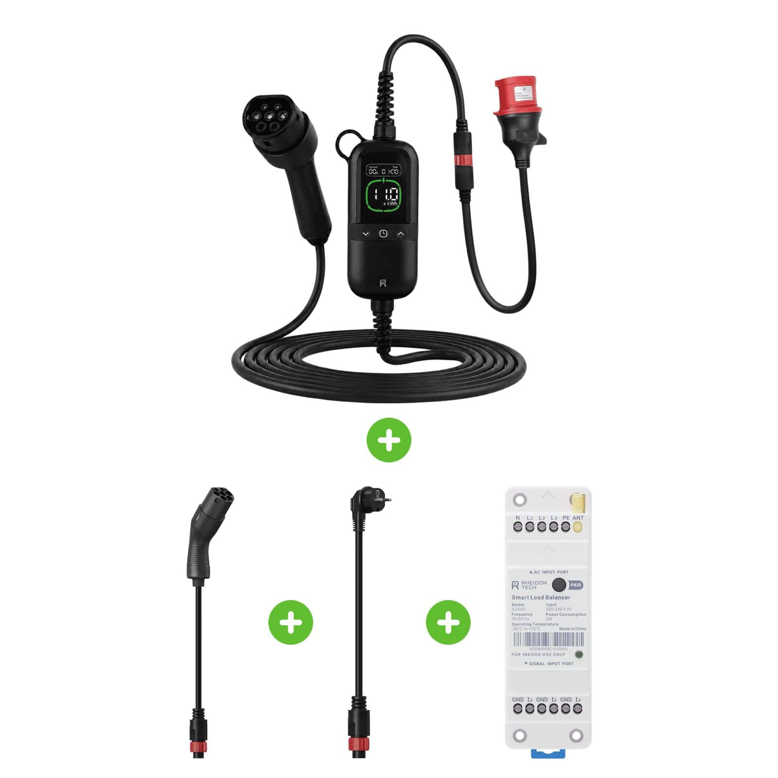 Rheidon PC200 Pro hordozható töltő készlet AC550 Wi-Fi okosmérővel – (3x16A) 11 kW – 7,5m Type2 + Type 2 és Schuko adapter